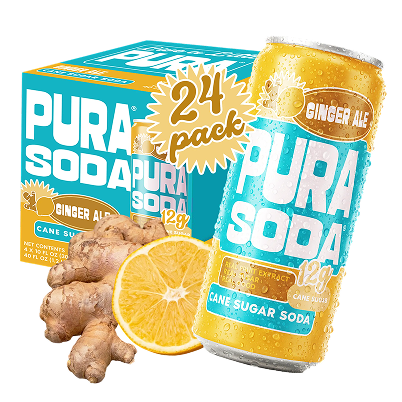 Pura Soda ginger ale can with packaging and ingredients on a white background