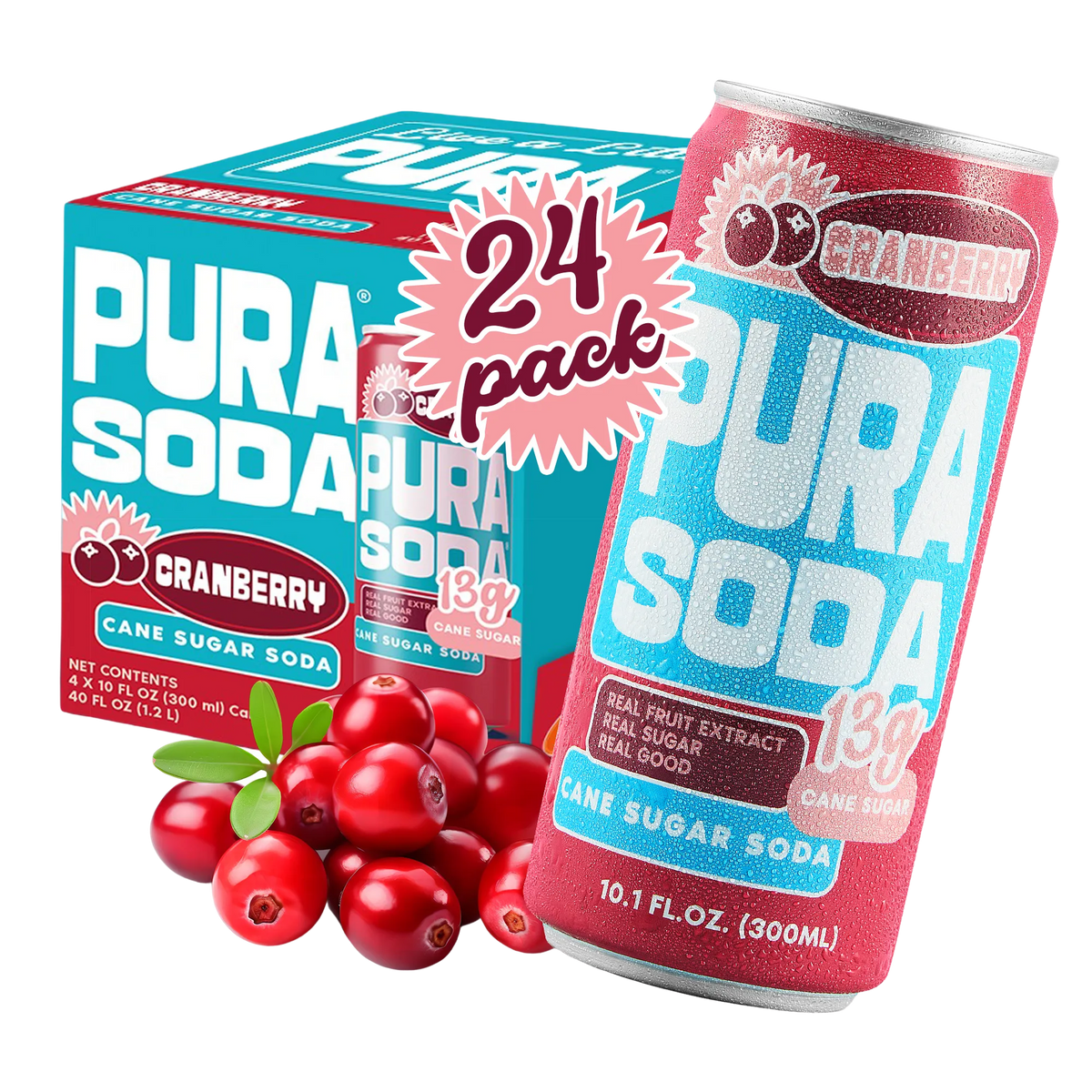 Pura Soda cranberry can and packaging with cranberries on a white background