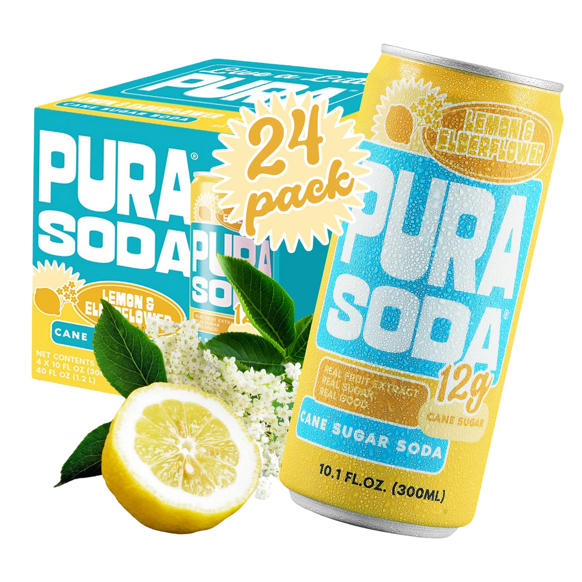 Pura Soda can with lemon and packaging on a white background