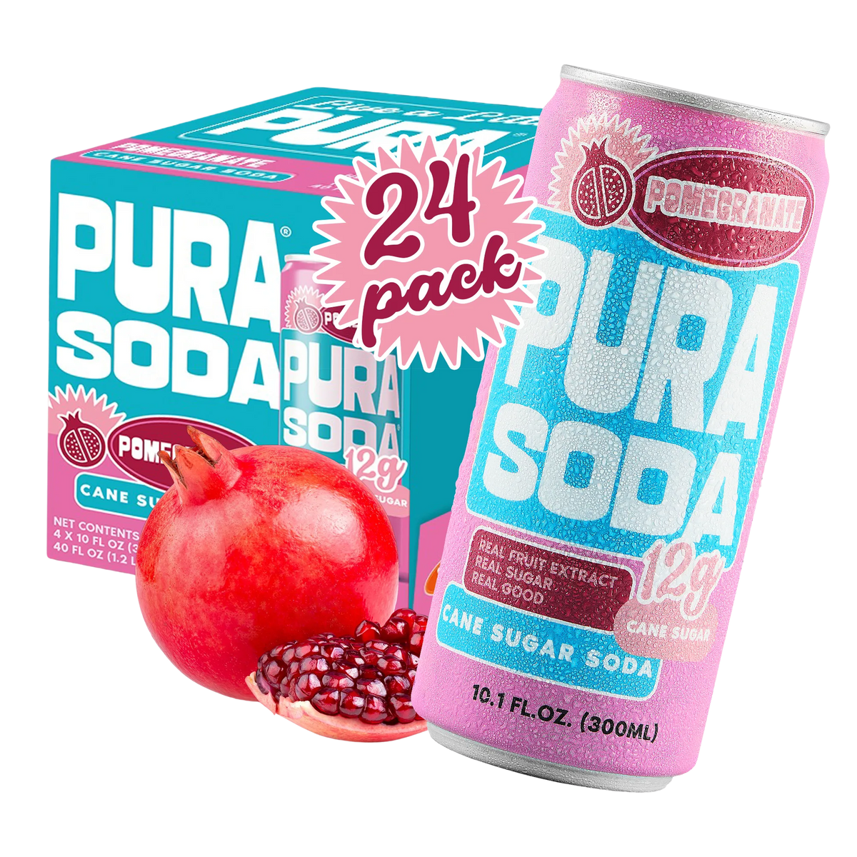 Pura Soda can and packaging with pomegranate illustration on a white background