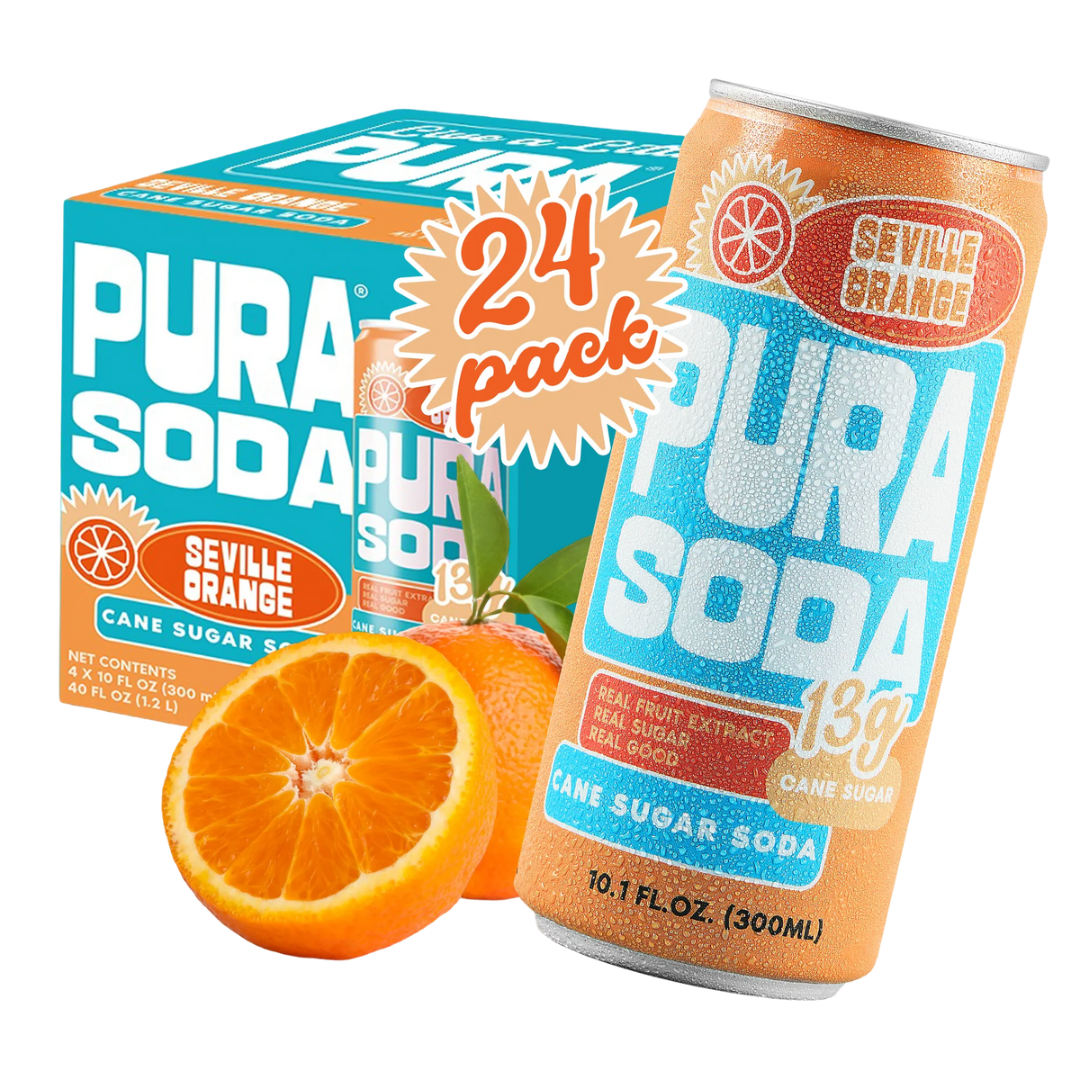 Pura Soda Seville Orange soda can and packaging with oranges on a white background