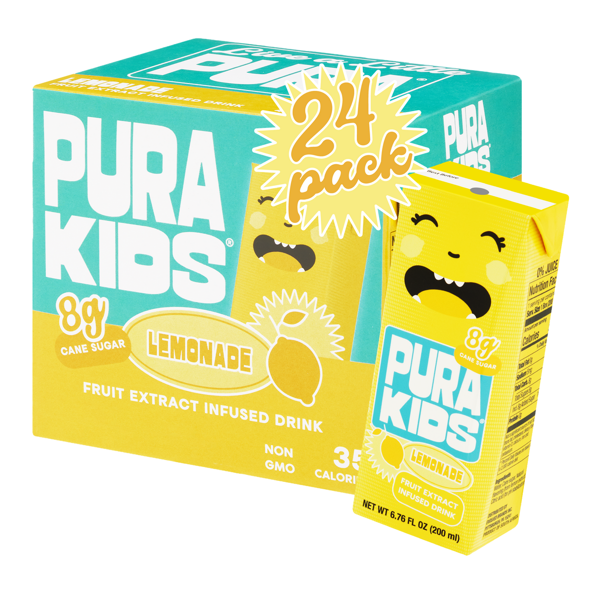 Pura Kids lemonade drink package with a 24-pack box on a white background