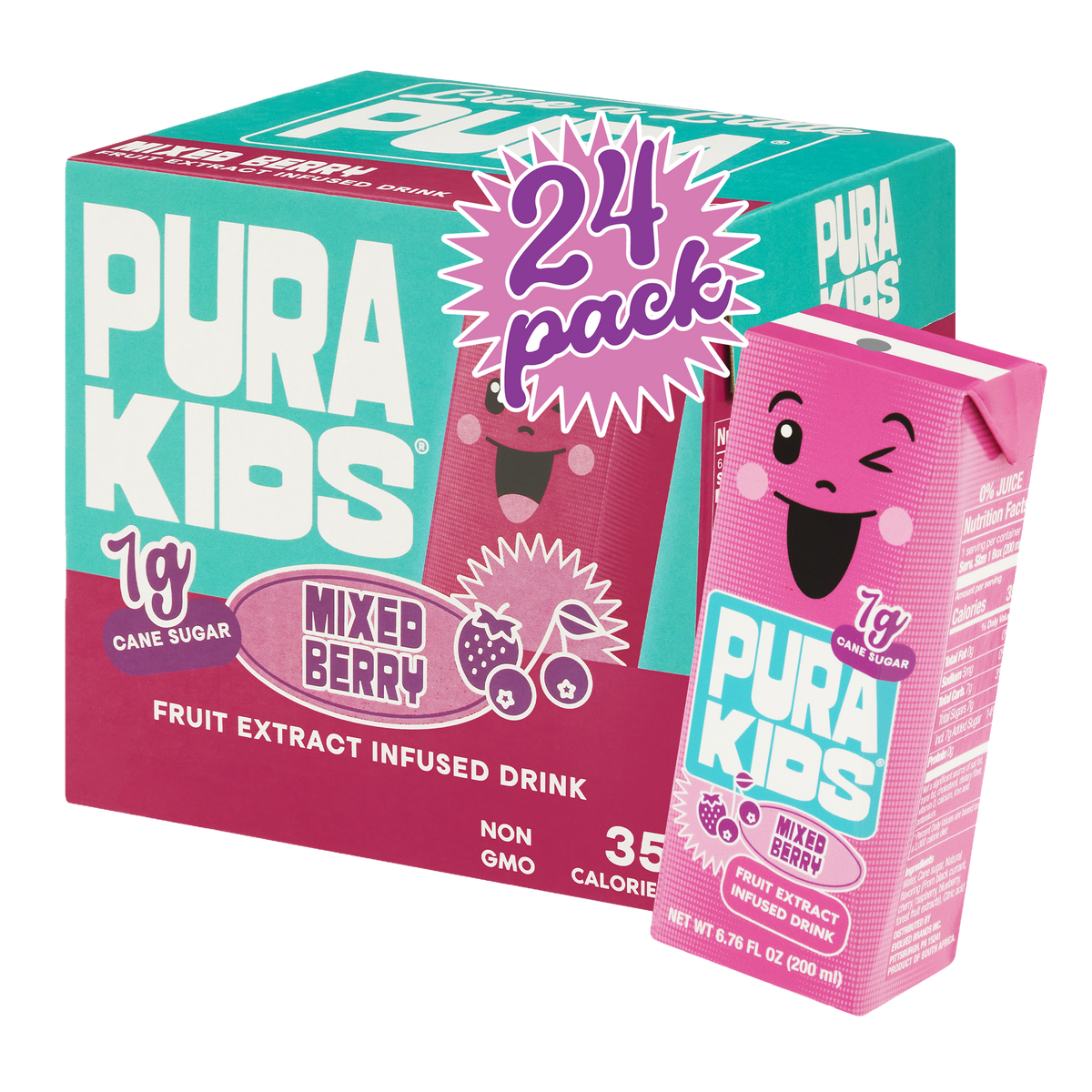 Pura Kids Mixed Berry fruit extract infused drink packaging with a 24-pack box.