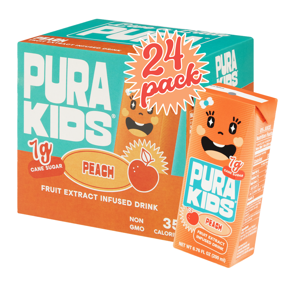 Pura Kids Peach fruit extract infused drink packaging with a 24-pack box on a white background.