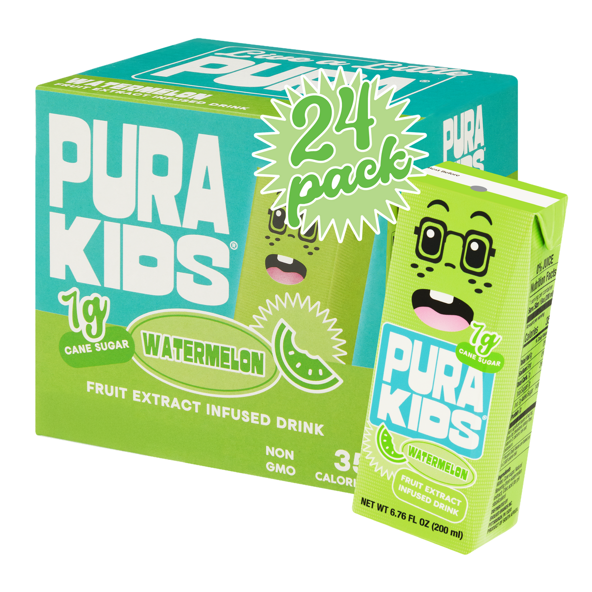 Pura Kids watermelon fruit extract infused drink packaging on a white background