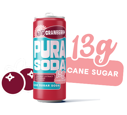 Cranberry Pura Soda can with sugar content information on a white background